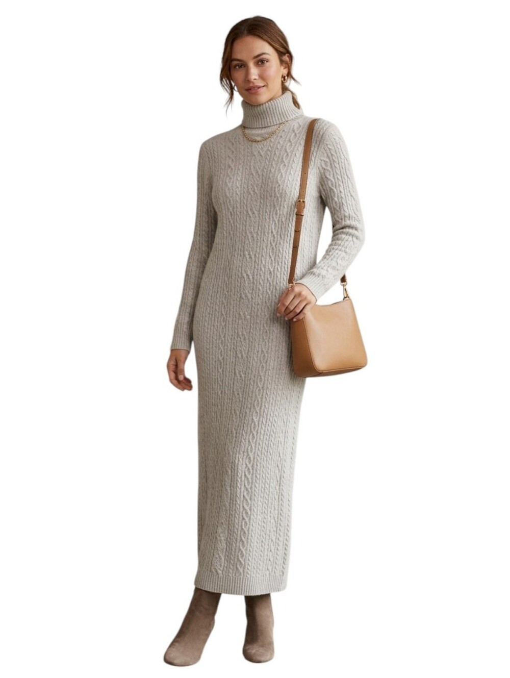 Lauren Ralph Lauren Cable Knit Turtleneck Maxi Sweater Dress Wool Cashmere PM